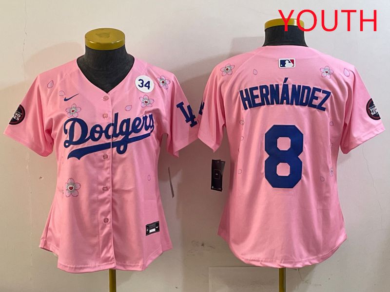 Youth Los Angeles Dodgers #8 Hernandez Pink Sakura Edition 2025 Nike MLB Jersey style 4->youth mlb jersey->Youth Jersey